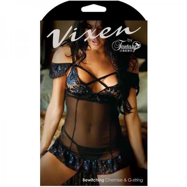 Vixen Bewitching Off Shoulder Cage Chemise & Matching G-string Black/blue Queen